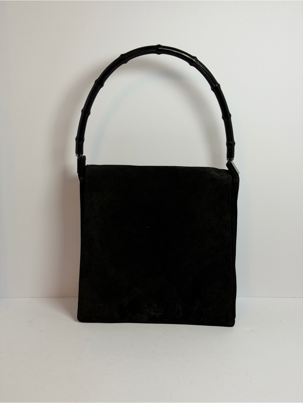 Vintage 90s Gucci Iconic TF Black Suede Bamboo Shoulder Bag